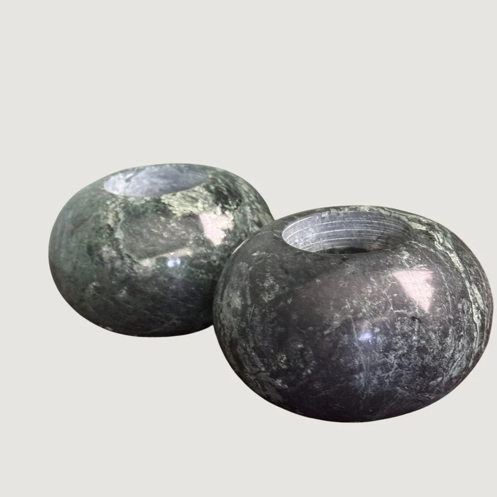 Vintage Green Marble Tea Light Candle Holders Set of 2 Polished Stone Round